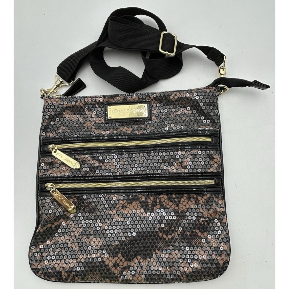 Betsey Johnson Camo Sequin Crossbody Bag Double Zipper Black & Brown NWOT